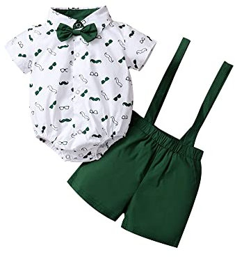 Geagodelia Set di Vestiti per Bambino Estivo Camicia con Manica Corta Stampata con la Barba + Pantaloncini con Bretelle 2 Pezzi Completo Neonato Elegante (Verde, 6-12 Mesi)