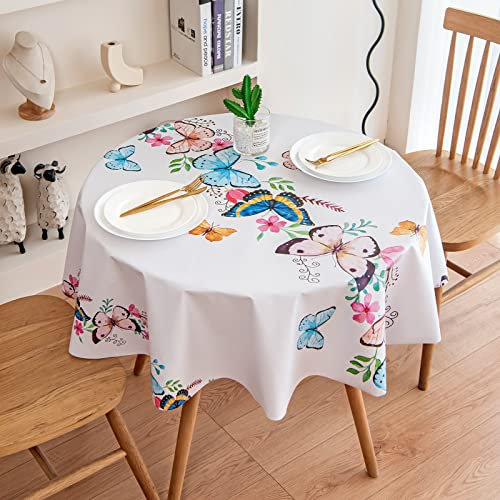 PUDSIRN Abwischbare quadratische Tischdecke, weißes Schmetterlings-Blumenmuster, PVC, abwischbare Tischdecke, wasserdichte, staubabweisende Kunststoff-Party-Tischdecke für Hochzeiten (Round 140 cm)