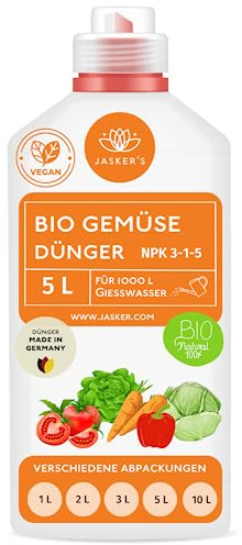 Bio Gemüsedünger flüssig 5 Liter Konzentrat für 1000 Liter Gießwasser - 100% organischer Dünger Gemüse - Flüssigdünger Gemüse für Gewächshaus & Kübel - Bio Dünger Gemüse