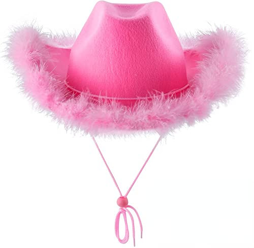 Vagbalena Cappello da Cowboy con Piume Rosa da Donna Compleanno Addio al Celibato Halloween Cappello da Cowboy Occidentale Corona Cappello da Cowboy Principessa (Rosa,One Size)