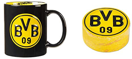 Borussia Dortmund BVB-Tasse mit Innendekor, Schwarz, Einheitsgröße (1er Pack) & BVB-Zauberhandtuch (60 x 30 cm), Schwarz/gelb