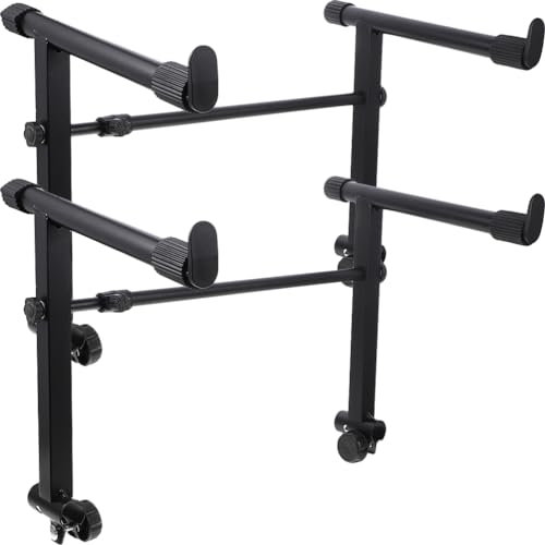 SEWACC 2-Tier Keyboard Stand, Iron, Black, Chrome Finish, 2 Levels, Rectangular, Keyboard Holder, Instrument Placing Rack, Universal, Non-Slip Design