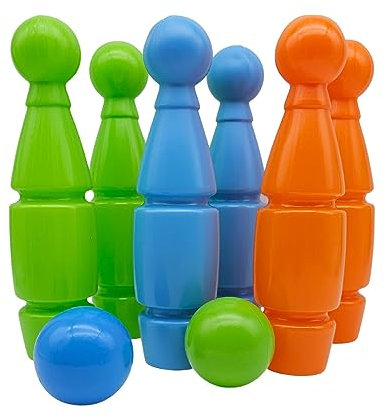 alldoro 60045 Kegelspiel für Kinder, 8 TLG – Kunststoff – 6 Kegel, je 25 cm Pins-Höhe, bunt, mit 2 Kugeln und Tragehilfe