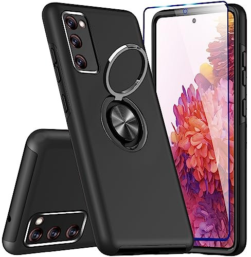 KRAFTCARE Hülle für Samsung Galaxy S20 FE 4G-5G mit 1 Pack Panzerglas Schutzfolie, Handyhülle mit Eingebetteter 360° Grad Ring, Magnetische Schutzhülle Stoßfest Cover Case für Samsung S20 FE,Schwarz