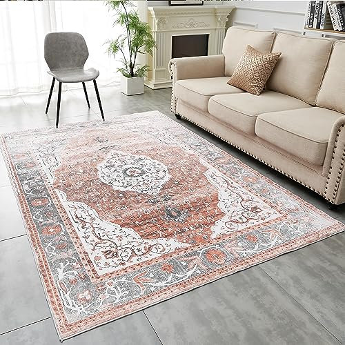 LAIBEI Teppich Wohnzimmer,Carpet waschbar rutschfest,Bunte Teppiche mit Muster für Wohnzimmer,Schlafzimmer,Bohemian Short Pile Rug,Vintage orientalischer Teppich(200 x 300 cm,Ziegelrot)