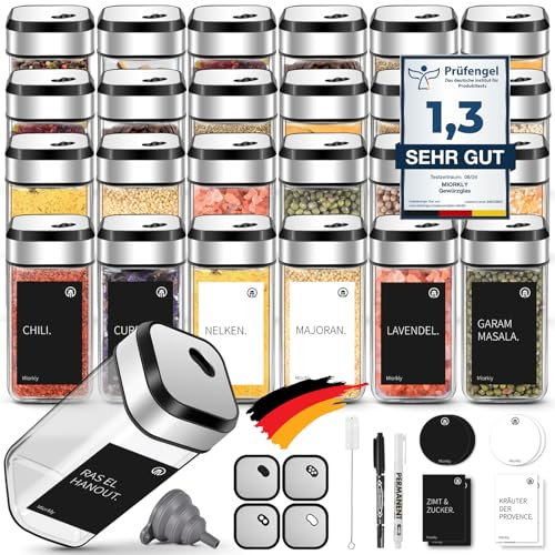 Miorkly Gewürzgläser Eckig mit Streueinsatz 24er, Gewürzstreuer Glas 120 ml-Gewürzdosen Set-Gewürz Organizer-Gewürzbehälter mit drehbarem Gewürzlochdeckel mit Etikett-Gewürzglas Spice Jars