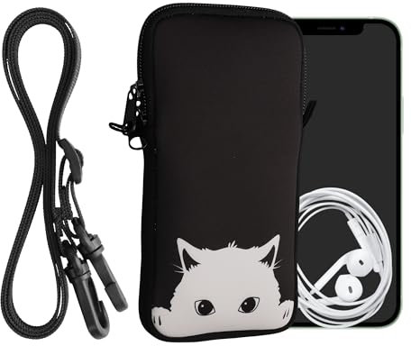 kwmobile Handytasche für Smartphones XXL - 7 - Neopren Handy Hülle Schwarz Weiß - Handy Tasche mit Kette 17,7 x 8,5 cm Innenmaße - Neugierige Katze