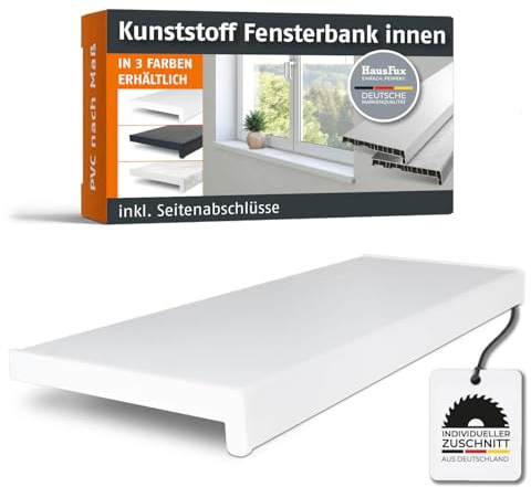 HausFux PVC Innenfensterbank nach Maß, Weiß (T x L: 20 x 60 cm) | Inkl. passender Seitenabschlüsse – maßgefertigte PVC-Innenfensterbank, pflegeleicht, robust und einfach zu montieren.