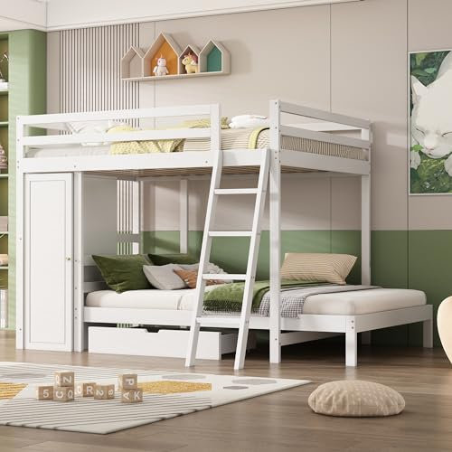 Merax Etagenbett Hochbett 90x200cm mit Kleiderschrank und Schublade, Kinderbett mit Rausfallschutz und Leiter, Hausbett für Mädchen&Jungen, Multifunktionales Stauraumbett, Jugendbett, Einzelbett, Weiß