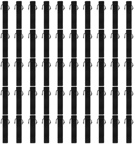 Kopinma 50 Stück Samt Kordelzug Stiftetuis - Schützende Federmäppchen für Füllfederhalter, Kugelschreiber und Bleistifte, Schwarz, 17,5 x 3,5 cm