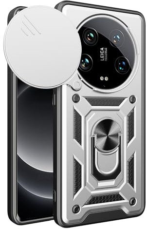 ESTH® Case for Xiaomi 14 Ultra with Slide Camera Cover, Military Grade Shockproof Protective Cover with Rotatable Metal Ring Kickstand [Support Magnetic Car Mount], Silver