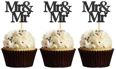 MonMon & Craft Mr & Mr Cupcake Toppers/Gay Pride Cupcake Toppers/Men Wedding Engagement Party Cupcake Dessert Decorations - LGBT Party Dessert Decor Black Glitter 24 Pcs