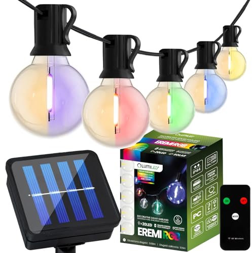Lumiled Solar Lichterkette Außen 20x LED RGB 10,5 M Solarlichterkette für Garten Solarkette Solarleuchte Außenleuchte Gartenlicht KUGEL IP44 Glühbirnen mehrfarbig Farbwechsel