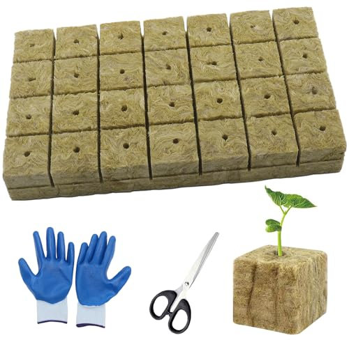 WANYIG Steinwolle Anzucht, Steinwolle Dämmung, Steinwolle Würfel Anzuchtmatte Steinwolle mit Schere ＆Handschuhe fur Stecklingen, Bodenloser Anbau, Hydrokultur Umpflanzen (4 x 4 x 4cm) (28 STK)