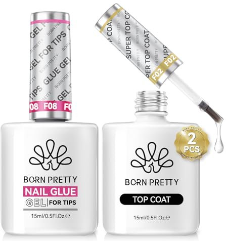 BORN PRETTY Gel Nail Glue Set, 6 in 1 Nail Glue and No Wipe Top Coat Kit 15ml Gel Top Coat with Super Strong Nail Glue for Acrylic Nails Extension Gel Soak Off LED Gel Long Lasting Shine Finish