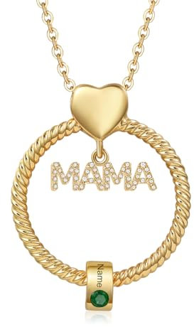 Kette Damen Geschenke für Mama - Personalisierte MAMA Kette mit 1–5 Namen Halskette Schmuck Charms Anhänger für Mutter Tochter Weihnachten Muttertag Geburtstag (Gold-1 Name 1 Geburtsstein)