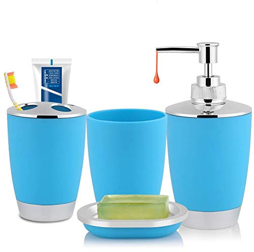 4 Stück Badezimmer Zubehör Set für Zuhause, Hotel, Blau | Kunststoff Badezimmer Accessoires Set mit Zahnbürstenhalter, Zahnputzbecher, Seifenschale, Seifenspender