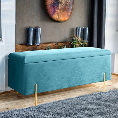 Harveys Living Ottoman Storage Box - Engineered Wood Luxurious Plain Plush Velvet Ottoman Storage Bench (Teal, Plain)