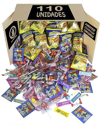 Caja de 110 Chuches, Golosinas y Chucherías Houstand. Pack para Cumpleaños infantil, Relleno de Piñatas, Navidad, Halloween. Hasta 10 Bolsas de Chuches. Surtido Envuelto Individualmente.(SIN GLUTEN)