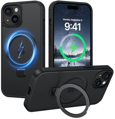 VENINGO für iPhone 15 Hülle mit Unsichtbarer Ständer, Kompatibel mit MagSafe, Matt Rückseite, Stoßfest, Kratzfest, Anti-Fingerabdruck, iPhone 15 Handyhülle 6,1 Zoll, Schwarz