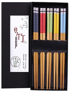Palillos de bambú – 5 palillos de corte con patrón único, aptos para lavavajillas, juego de regalo para vajilla asiática, palillos reutilizables para uso doméstico y restaurante