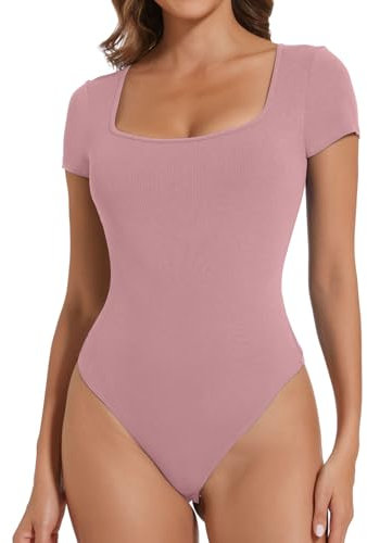 Joyshaper Body da donna a maniche corte, con scollo angolare, elegante, da donna, estivo, maglietta, Rosa chiaro/scollo quadrato, XL