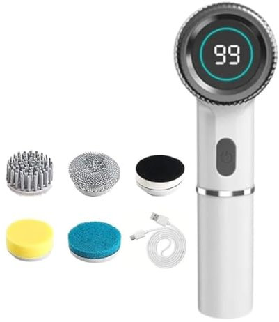 Cleaning Without Hurting Your Hands Multifunctional Electric Cleaning Brush, Magic Electric Cleaning Brush USB Rechargeable, Electric Power Spin Scrubber Brush with 5 Replaceable Brush Heads (White)