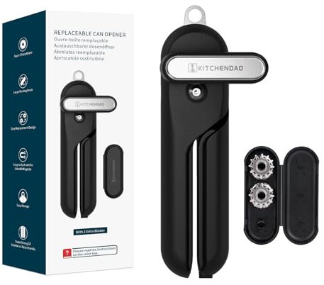 KITCHENDAO Auswechselbarer Dosenöffner mit 2 extra Klingen, superscharfer manueller Dosenöffner mit Magnet, glatter Kantenschnitt, großer Drehknopf für Senioren & Arthritis, Schwarz