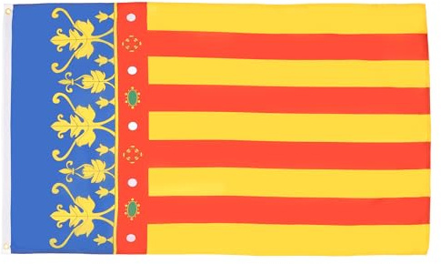 AZ FLAG Pack de 2 Banderas Comunidad Valenciana 150x90 cm 2 Ojales | Uso interior y exterior Enseña costuras dobles y bordes reforzados con ojales metálicos poliéster 100D