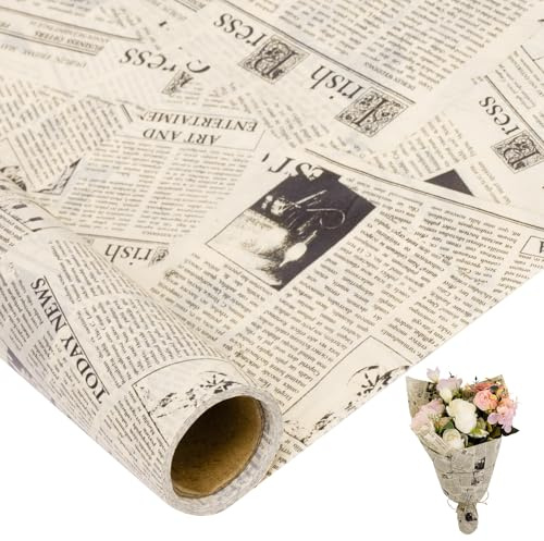 Larcenciel Tissue Paper Roll 10m×43cm, Vintage Newspaper Tissue Paper for Wrapping Gift & Packaging, Newsprint Flower Wrapping Sheets, Patterned Gift Wrap for Birthday, Wedding, Anniversary, Craft