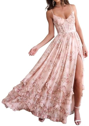 Femme Bohème Fleuri Mousseline Robe Longue Bretelles Spaghetti Dos Nu Fente Haute Volants Étages Robe De Soirée,Rose,M