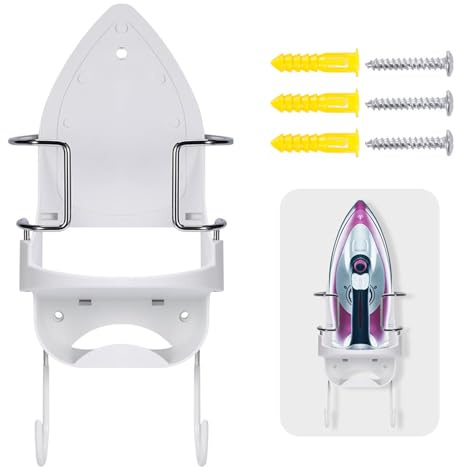 Kuanght Ironing Board Holder Wall Mount Electric Iron Hanger Rack with Coat Hook, Household Bathroom Iron Shelf Laundry Room Ironing Board Rack 13x 15.5x 36cm(White)