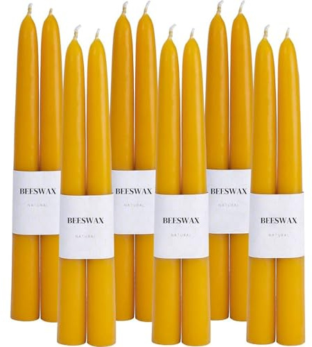 12Pcs Beeswax Taper Candles, 10 Hour Yellow Dinner Candles | 9'' Dripless & Smokeless Unscented Dinner Candlesticks for Ddinner, Meditation and Rituals