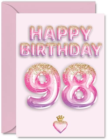98th Birthday Cards for Women and Men, Pink & Purple Glitter Balloons | Happy Birthday Card for 98 Year Old Man Woman Grandad Auntie Nanny Nan, A5 Bday Greeting Cards
