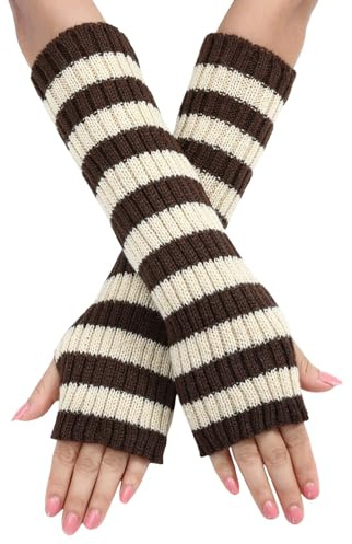 YueYue Lange Armstulpen Thermo Gestrickte Y2k Streifen Fingerlose Handschuhe Warm Winterhandschuhe Dehnbar Handstulpen Weiche Pulswärmer mit Daumenloch Über für Damen (Coffee)