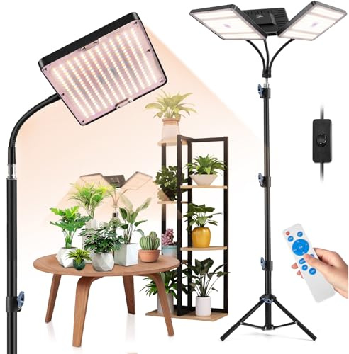 Pflanzenlampe LED Vollspektrum mit Standfuß, 78W 738 LEDs Grow Lampe mit 3 Leuchtköpfen, Höhenverstellbar 42-145cm, 3 Lichtmodi, 10 Helligkeitsstufen, 4/8/12H Timer & Fernbedienung, für Zimmerpflanzen