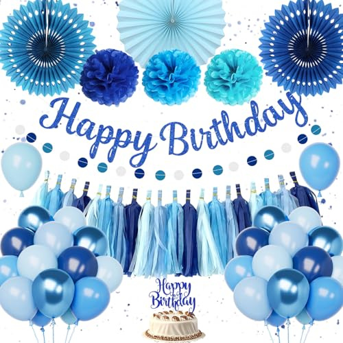Geburtstagsdeko Mann Junge, Deko Geburtstag Blau Party Deko | Happy Birthday Girlande, Luftballons Geburtstag Marineblau Pompons und Papier Girlande für Jungen und Männer Geburtstags