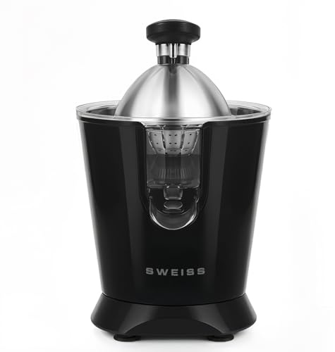 SWEISS ZEST9 Elektrische Zitruspresse, professionell, tropffreier Ausgießer, spülmaschinenfest, leises Gerät, leistungsstarker Gelenkarm, 160 W, Schwarz