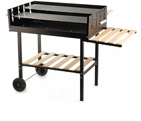 EMPOTEC 216088 Barbecue Rettangolare a Carbone Acciaio 2 Ruote 2 Griglie 2 Ripiani in Legno 118x56x92 cm con Mensola Porta Oggetti Picnic BBQ Giardino Terrazzo