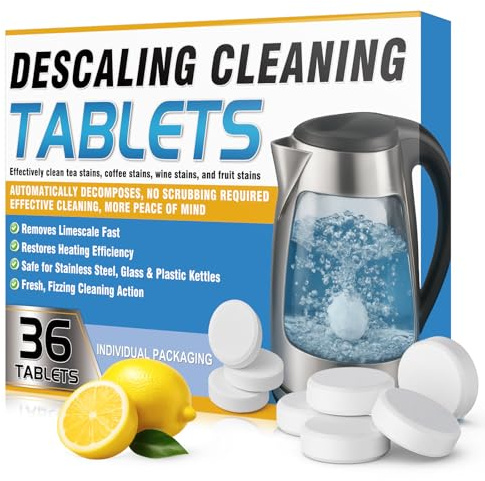 Kettle Descaler Tablets, 36 Individually Wrapped Descaling Tablets, Powerful Limescale Remover for Kettles, Coffee Machines, Shower Heads, Fast-Acting, Odour-Free, Safe Kettle Cleaner for Daily Use