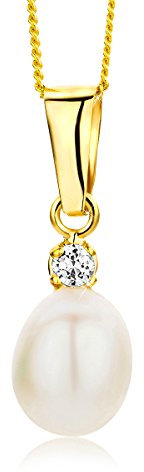 Orovi Damen Halskette mit Perlen Anhanger 9 Karat (375) GelbGold Gold Kette mit Cubic Zirconia Schmuck