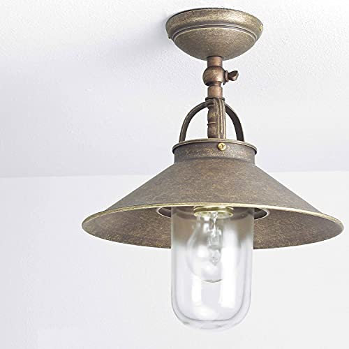 Licht-Erlebnisse Deckenlampe Außen Messing Premium E27 bis 70W Bronze Antik Glasschirm Handarbeit E27 Deckenleuchte Außenleuchte