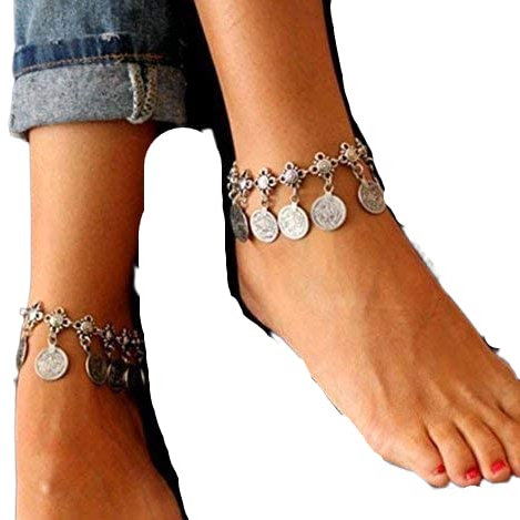 VERZIERTE HIPPIE BOHEMIAN ETHNO FUSSKETTE Fussband mit runden Anhängern Festival