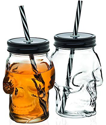 Mason Jar Tasse Totenkopf Glas mit Deckel und Strohhalm - 453,6 Gramm - 2 Stück