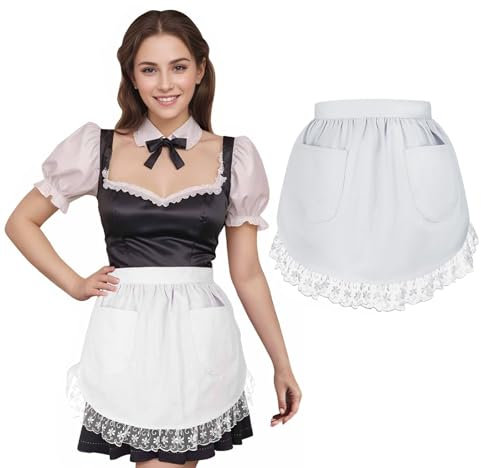 Aspire - Delantal de cocina de algodón para mujer, de cintura baja, delantal de encaje con bolsillo para café, restaurante, cocina