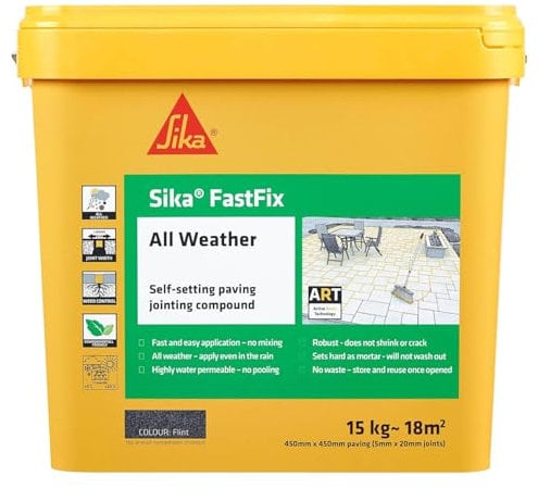 Sika – FastFix All Weather Self-Setting Paving Jointing Compound – Ready to Use – No Mixing Required – Flint – 15kg – 18 sq. m