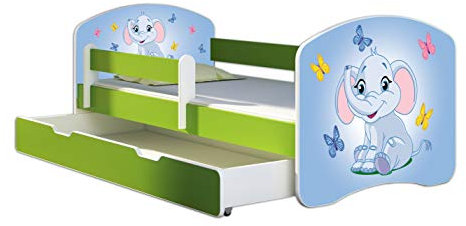 ACMA Kinderbett Jugendbett mit Einer Schublade und Matratze Grün mit Rausfallschutz Lattenrost II 140x70 160x80 180x80 (26 Elefant, 180x80 + Bettkasten)
