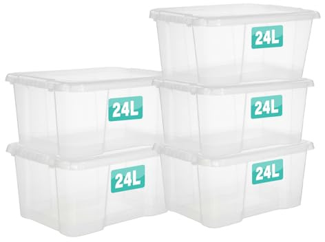5 x 24 Litre Clear Plastic Storage Box With Lids UK BRITISH MADE Home Office Stackable Nestable Transparent Plastic Boxes, Size 5,11,24,28,35,45,62 Litre (5 Boxes, 24 Litre)
