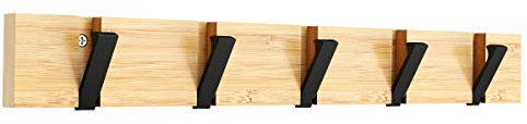 GOGOCOOL Cintre Mural en Bambou pour Patères - Poids Maximum 20 kg, Crochets Pliables Noirs, Naturel, Espace de 70 mm Entre Crochets (5 Crochets)