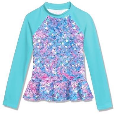 BesserBay Mädchen Badeanzug Druck UV Shirt Langarm Rüschensaum Blau UPF 50+ Sonnenschutz Rash Guard 110